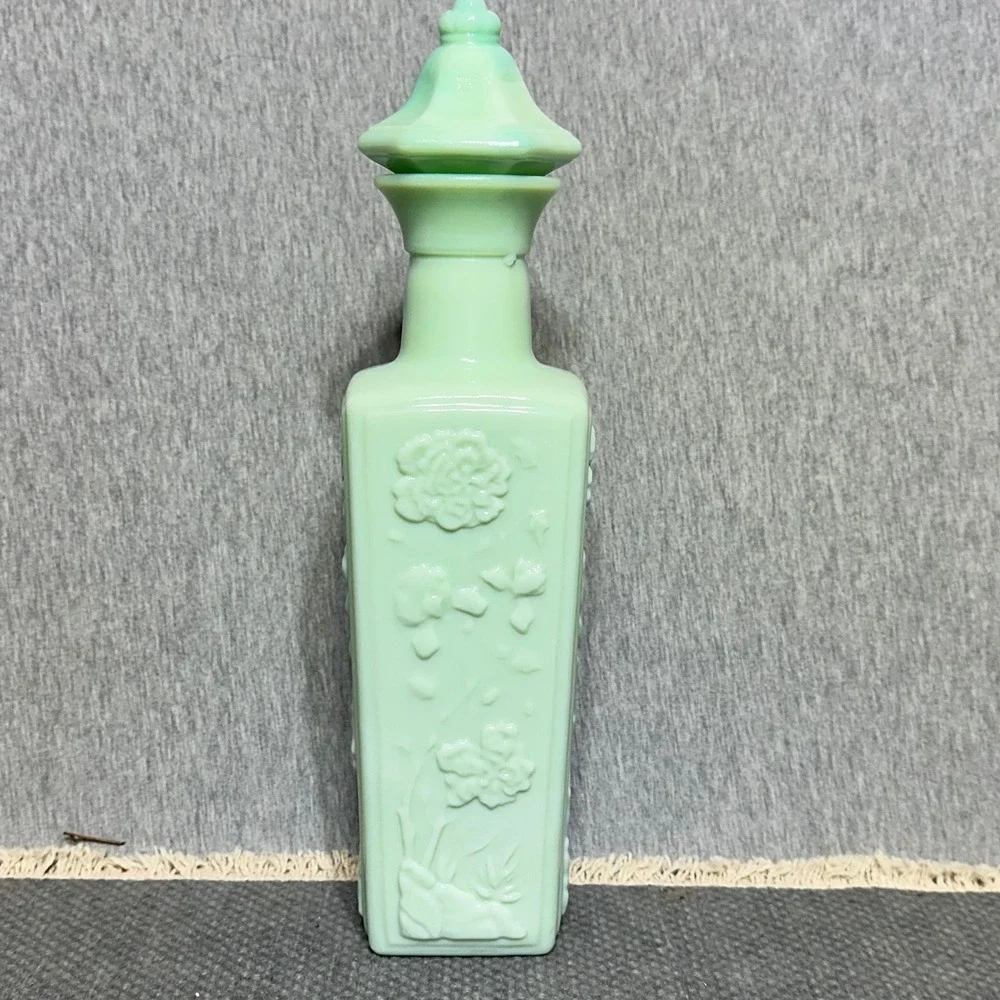Vintage Slag Glass Decanter Mint Green Blue Marbled Floral Bottle with Stopper